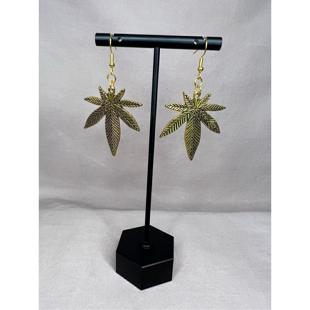 Handmade Gold Large Pot Leaf Dangly Earrings With Black Detailing